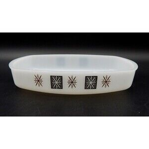 Federal Glass Baking Dish 11 Inch Atomic Starburst Milk Glass Gold Black